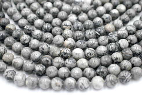 Gray Picture Jasper Gemstone Beads, 8mm, Round
